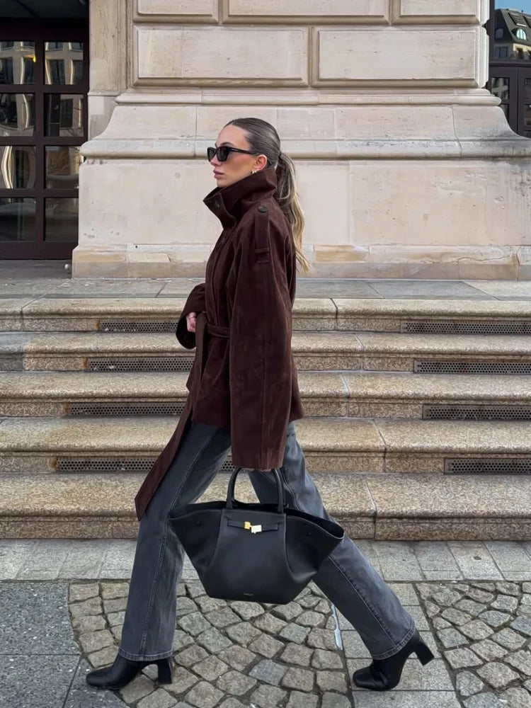 Soft Suede Women Commute Coat Long Sleeve High Neck Tie Waist All-match Cinched Slim Autumn Winter Coats 2026 Fashion Jackets