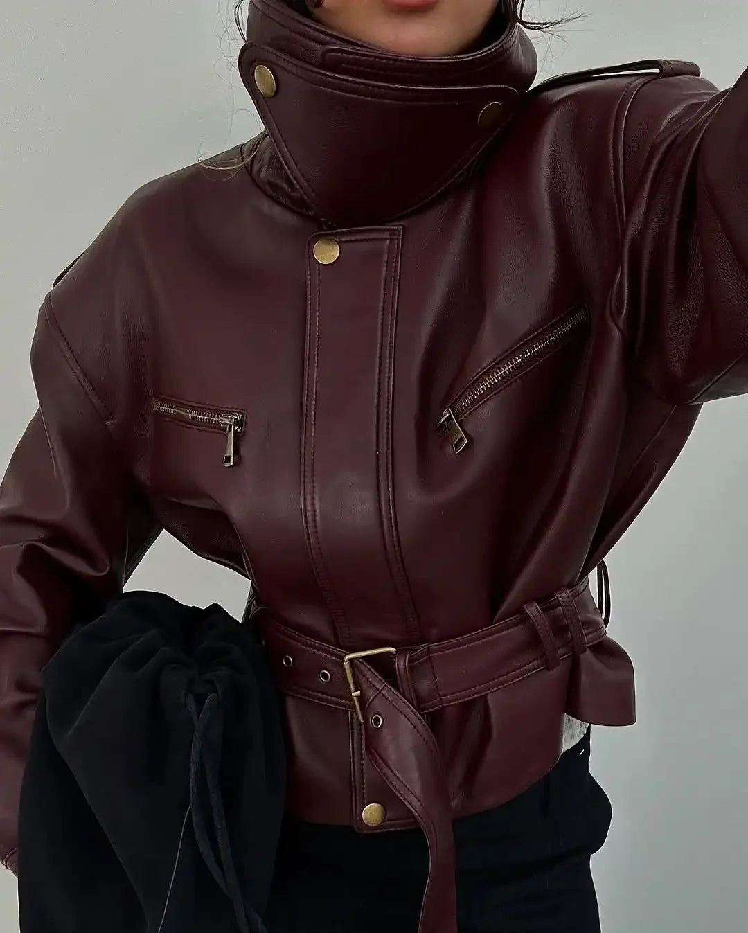 Women Solid Burgundy Waist Cinching Jacket Fashion Lace Up Stand Collar Zipper Bucket Short Jackets 2026 Lady High Street Coat