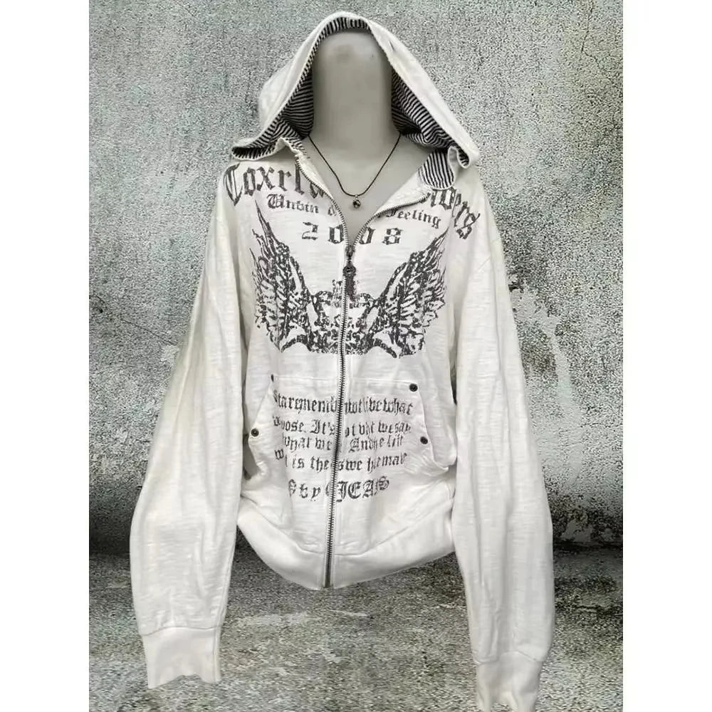 Grey Faux Fur Wool Double Zipper Jacket Hoodies Women's Slim Waist Hooded Vintage Y2k Coats Ropa Mujer Casual Fashion Sweatshirt