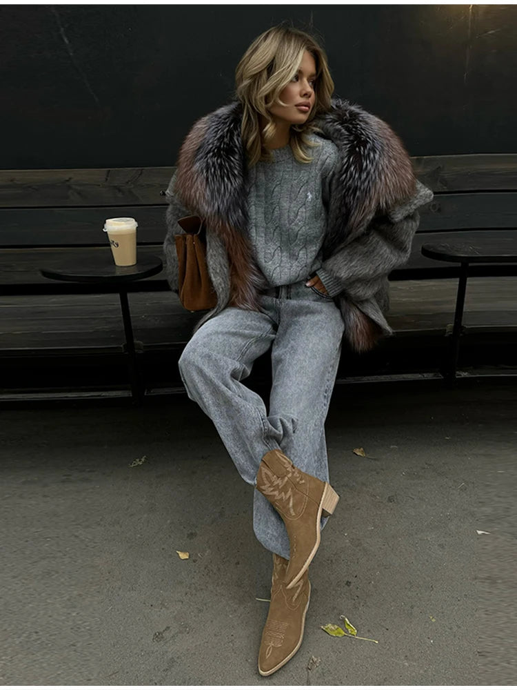 Vintage Thicken Faux Fur Woolen Jacket Women Fashion Hooded Pocket Lantern Sleeve Elastic Waist Coat Winter Female Daily Outwear