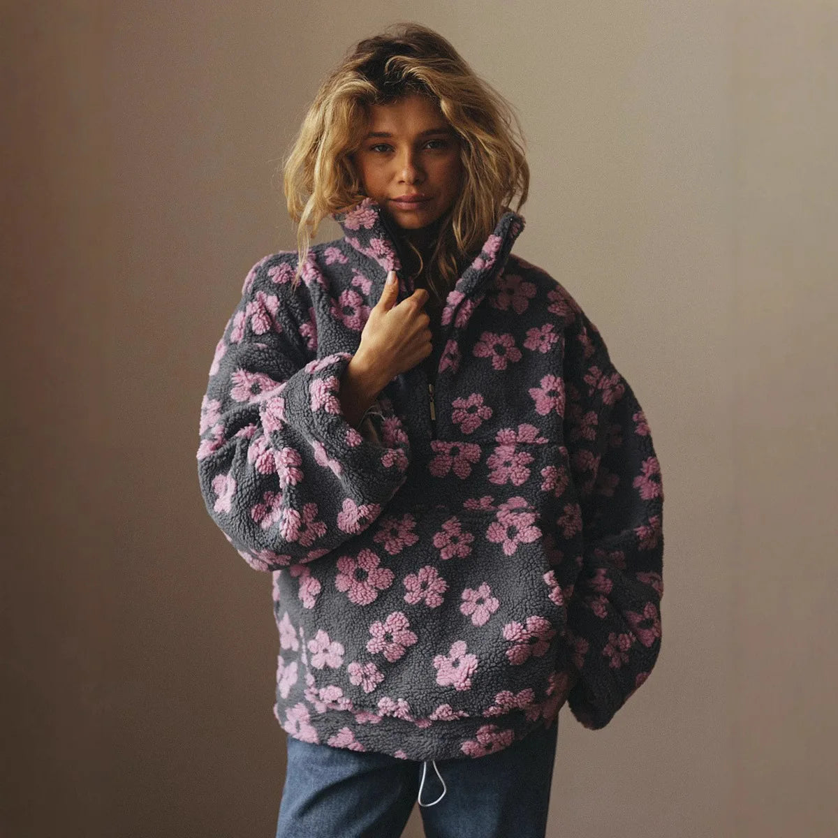 Yaminiya Women's 2025 New Fashion Polar Fleece Flower Blossoms Sweater Cotton Sweater Loose Warm Fur Stand Up Collar Zipper Top