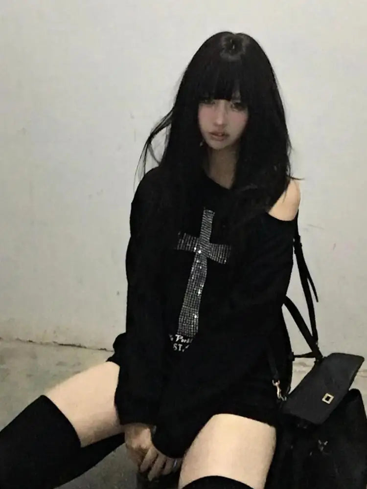 Seeslim Cross One-shoulder Graphic Hoodies Long Sleeve Black Women's Sweatshirts Harajuku Grunge 2000s Clothes Y2k Autumn Tops