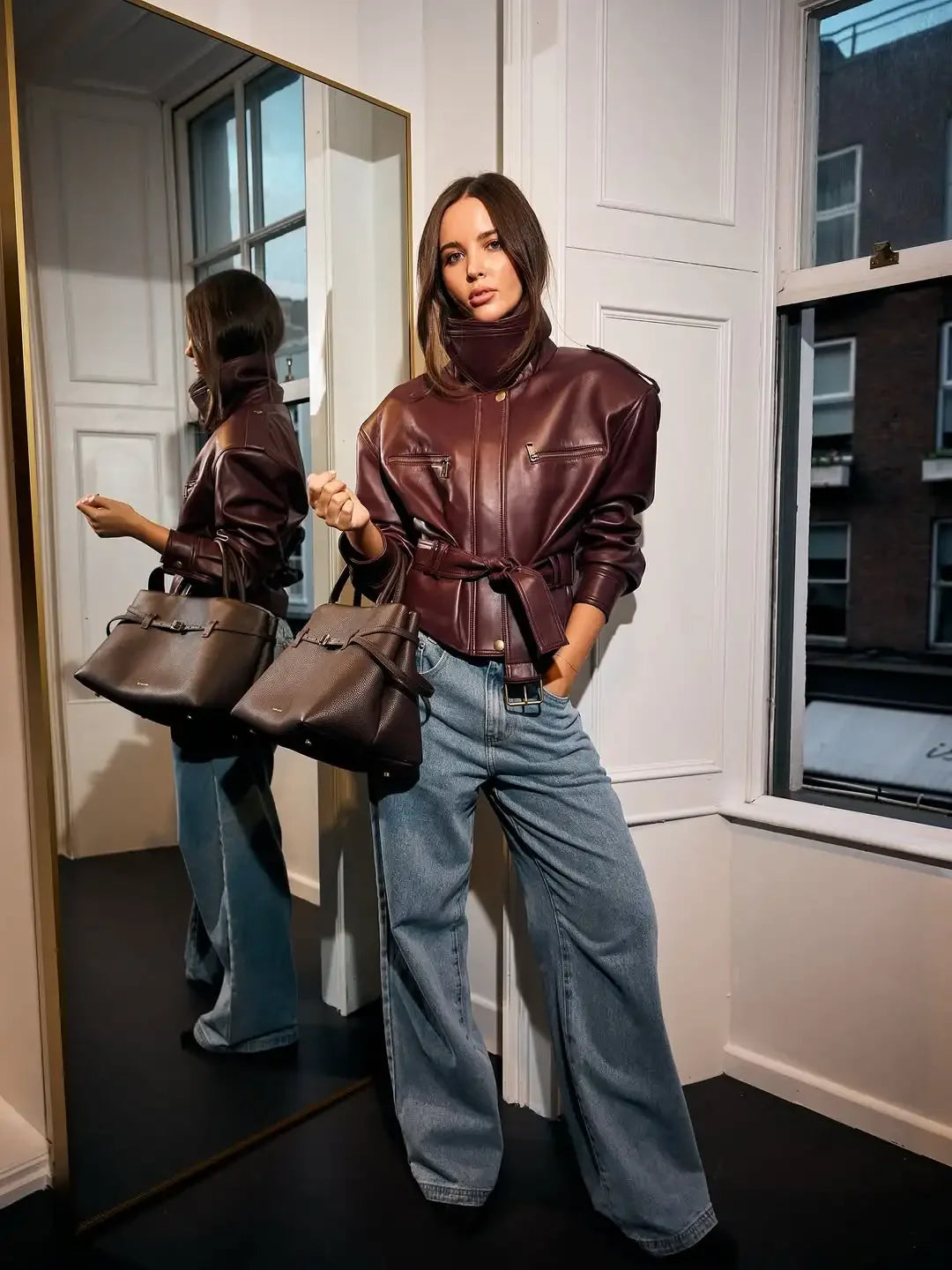 Women Solid Burgundy Waist Cinching Jacket Fashion Lace Up Stand Collar Zipper Bucket Short Jackets 2026 Lady High Street Coat
