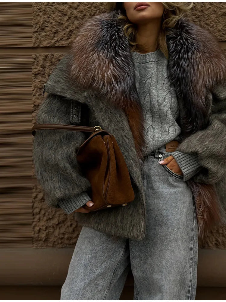 Vintage Thicken Faux Fur Woolen Jacket Women Fashion Hooded Pocket Lantern Sleeve Elastic Waist Coat Winter Female Daily Outwear