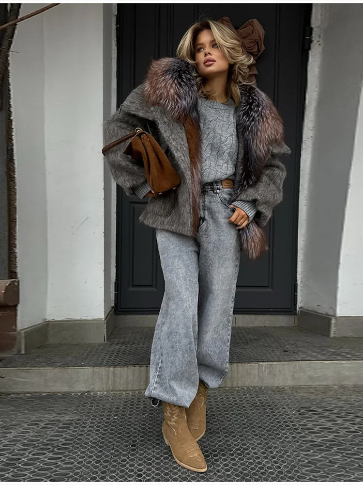 Vintage Thicken Faux Fur Woolen Jacket Women Fashion Hooded Pocket Lantern Sleeve Elastic Waist Coat Winter Female Daily Outwear