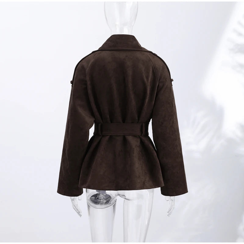 Soft Suede Women Commute Coat Long Sleeve High Neck Tie Waist All-match Cinched Slim Autumn Winter Coats 2026 Fashion Jackets