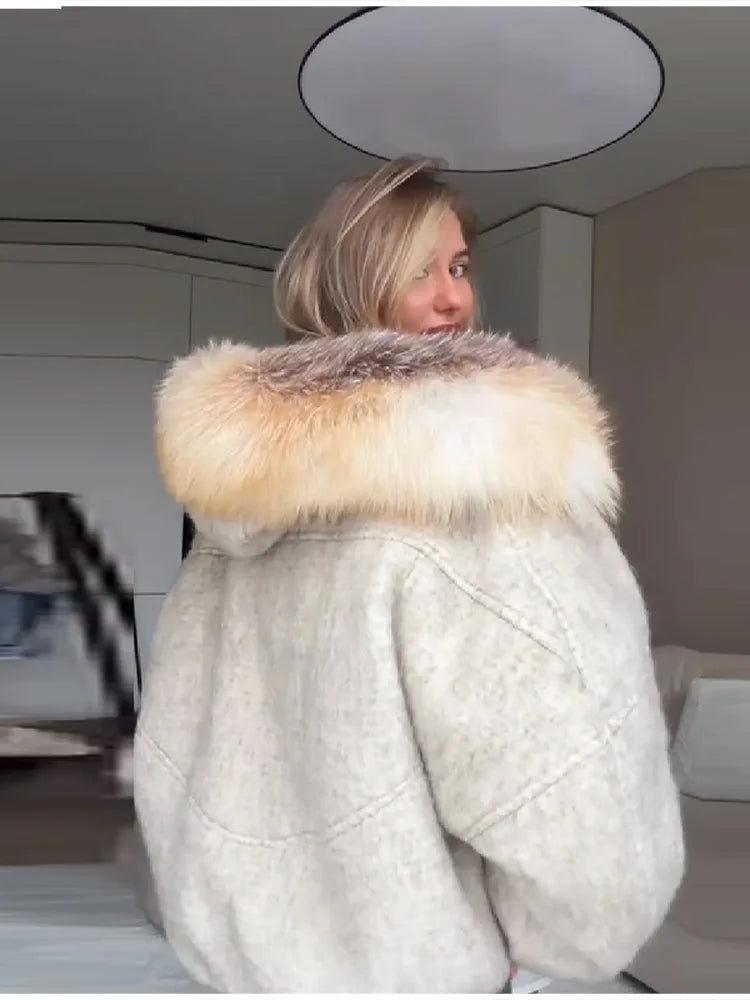 Vintage Thicken Faux Fur Woolen Jacket Women Fashion Hooded Pocket Lantern Sleeve Elastic Waist Coat Winter Female Daily Outwear