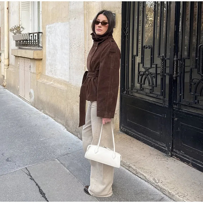 Soft Suede Women Commute Coat Long Sleeve High Neck Tie Waist All-match Cinched Slim Autumn Winter Coats 2026 Fashion Jackets