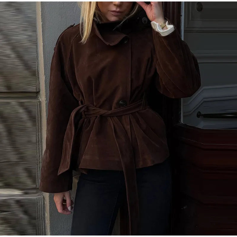 Soft Suede Women Commute Coat Long Sleeve High Neck Tie Waist All-match Cinched Slim Autumn Winter Coats 2026 Fashion Jackets