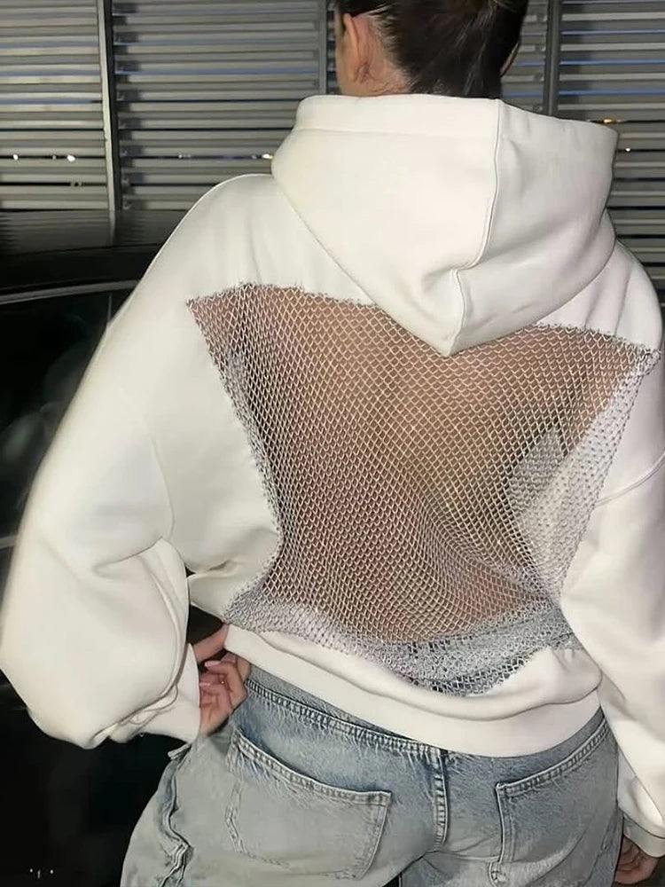Weird Puss Harajuku Hooded Sweatshirt Women Autumn Trend Backless Glitter Mesh Patchwork Casual Streetwear Hipster Pulloverr
