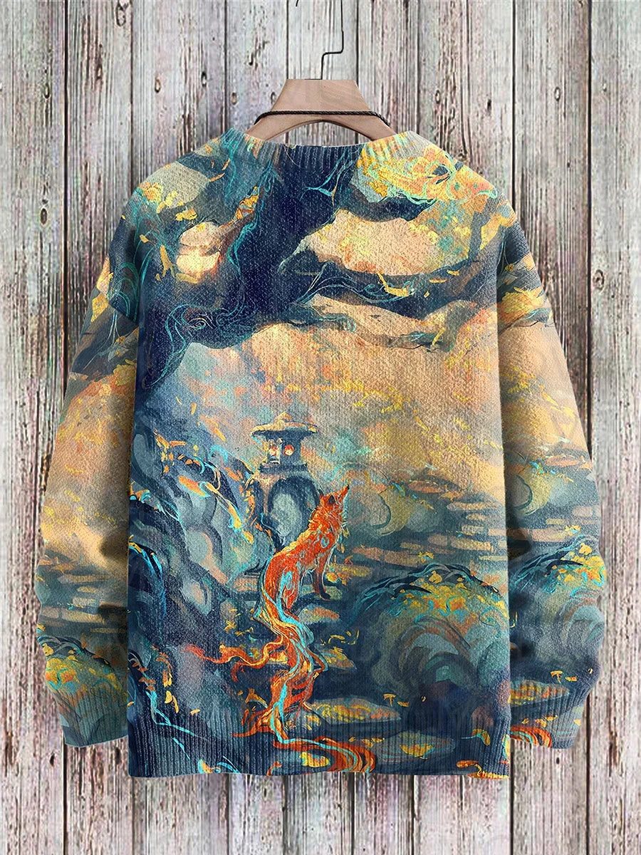 Retro Japanese Style Painting Cat Art Casual Print Knit Pullover Sweater Women For Men Sweater