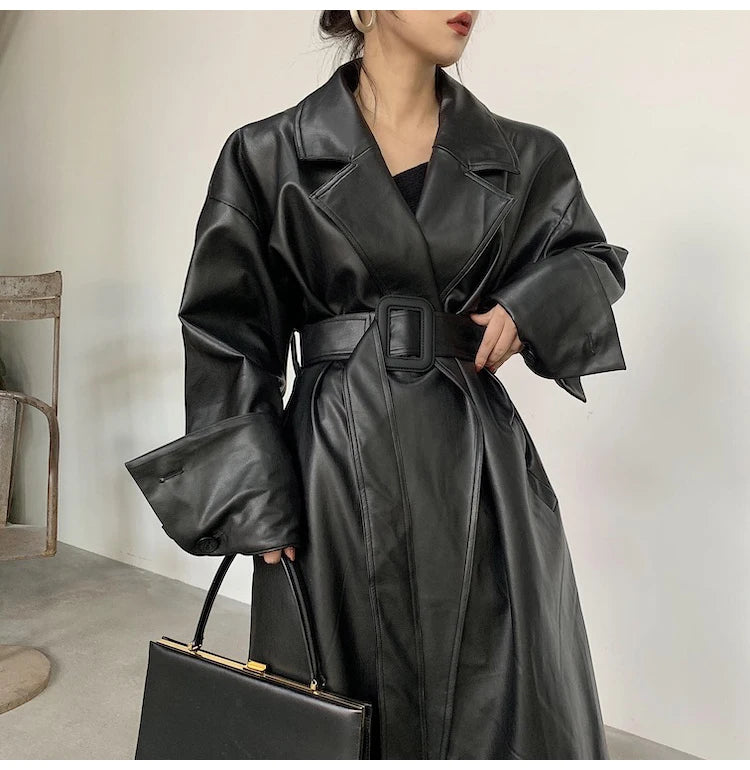 Lautaro Long oversized pu leather trench coat for women long sleeve lapel loose fit Fall Stylish black women clothing streetwear