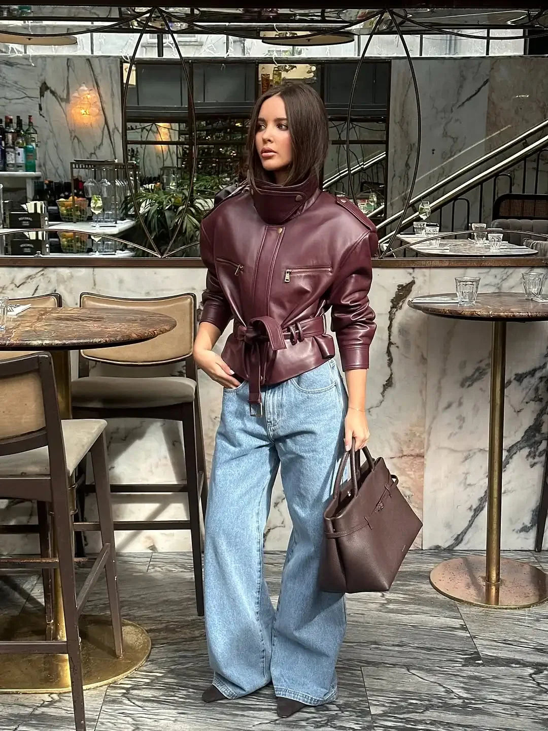 Women Solid Burgundy Waist Cinching Jacket Fashion Lace Up Stand Collar Zipper Bucket Short Jackets 2026 Lady High Street Coat