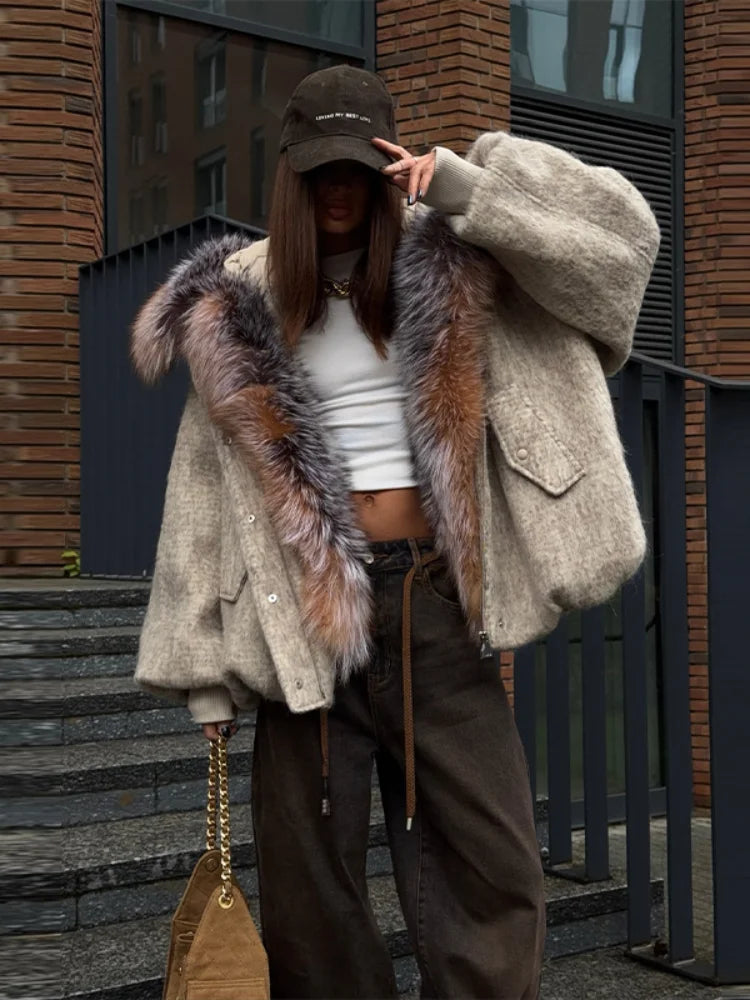 Winter Fashion Faux Fur Collar Woolen Coat Women Vintage Thick Hooded Long Sleeve Oversized Warm Jacket New Lady High Streetwear