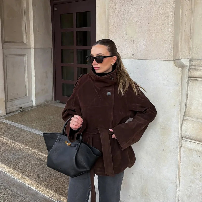 Soft Suede Women Commute Coat Long Sleeve High Neck Tie Waist All-match Cinched Slim Autumn Winter Coats 2026 Fashion Jackets
