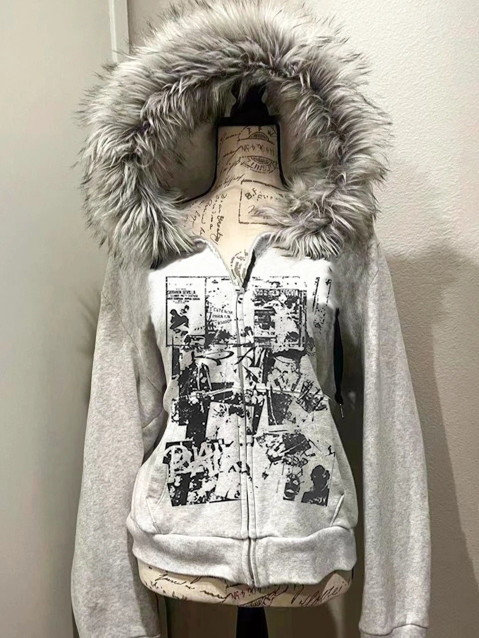 Grey Faux Fur Wool Double Zipper Jacket Hoodies Women's Slim Waist Hooded Vintage Y2k Coats Ropa Mujer Casual Fashion Sweatshirt