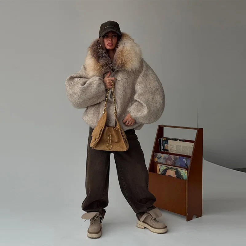 Winter Fashion Faux Fur Collar Woolen Coat Women Vintage Thick Hooded Long Sleeve Oversized Warm Jacket New Lady High Streetwear