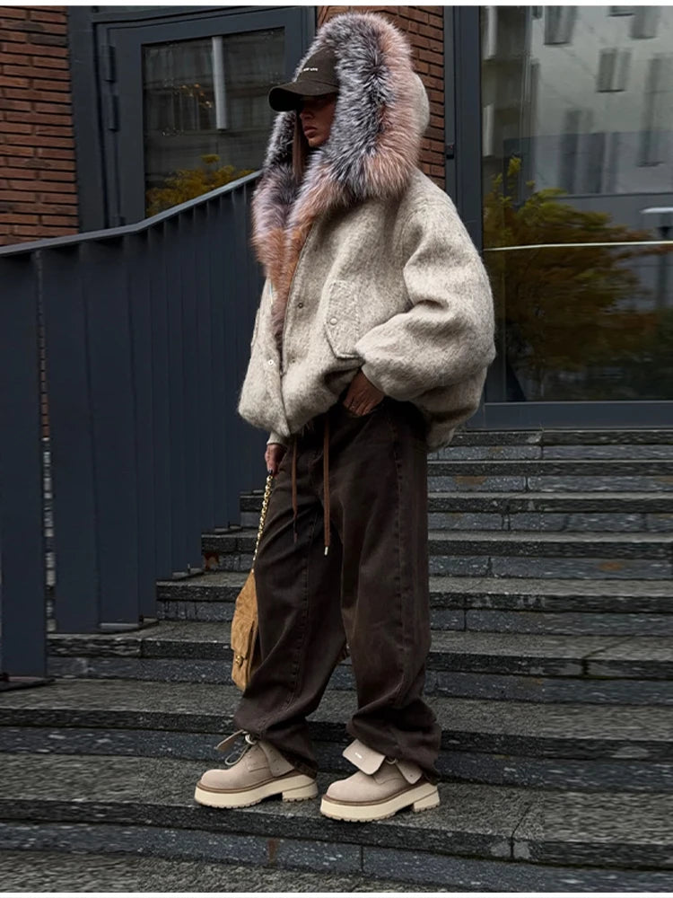 Vintage Thicken Faux Fur Woolen Jacket Women Fashion Hooded Pocket Lantern Sleeve Elastic Waist Coat Winter Female Daily Outwear