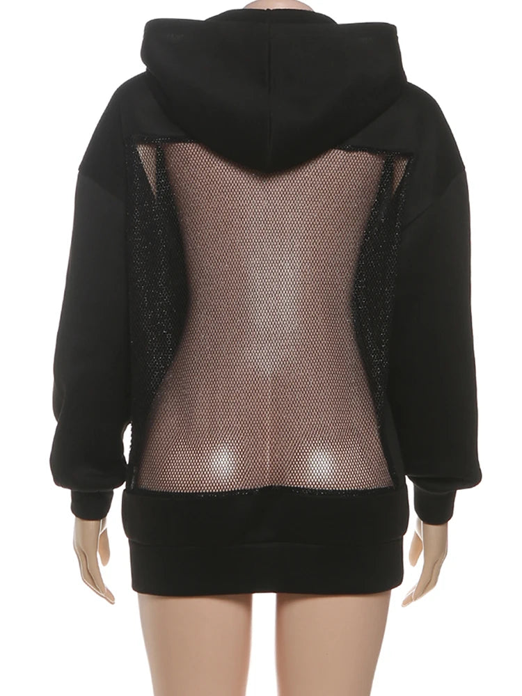 Weird Puss Harajuku Hooded Sweatshirt Women Autumn Trend Backless Glitter Mesh Patchwork Casual Streetwear Hipster Pulloverr
