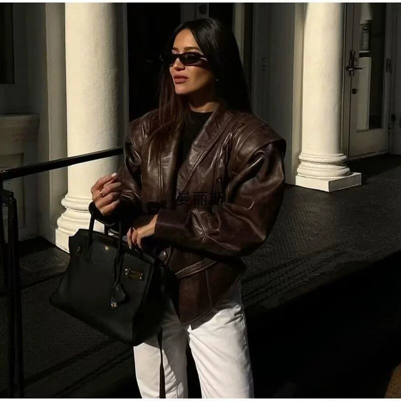 Suninheart Autumn and Winter Faux Leather Jackets for Women 2025 Dropped Shoulder Oversized Jacket Coat Belted Corset Jacket