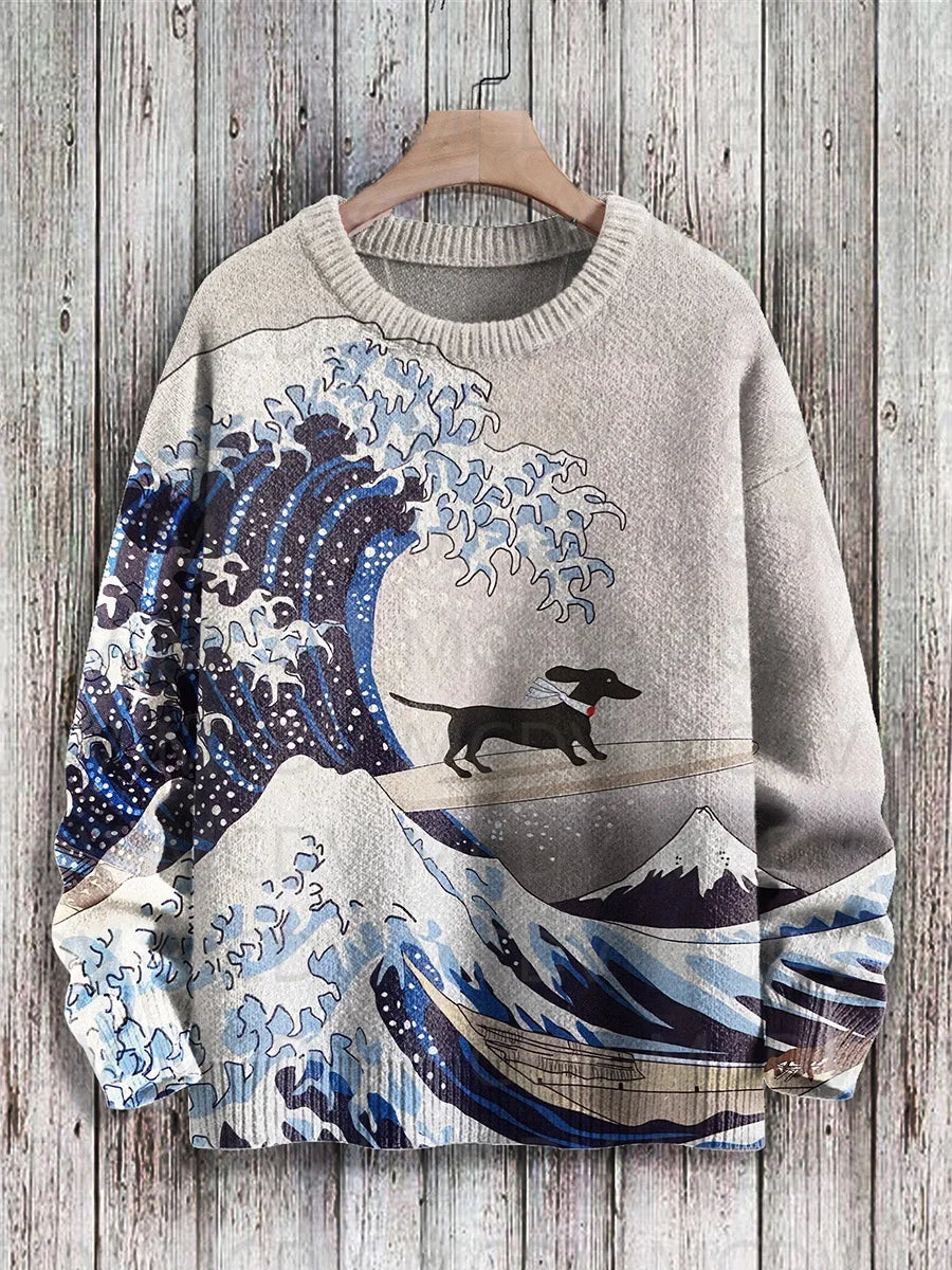 Retro Japanese Style Painting Cat Art Casual Print Knit Pullover Sweater Women For Men Sweater