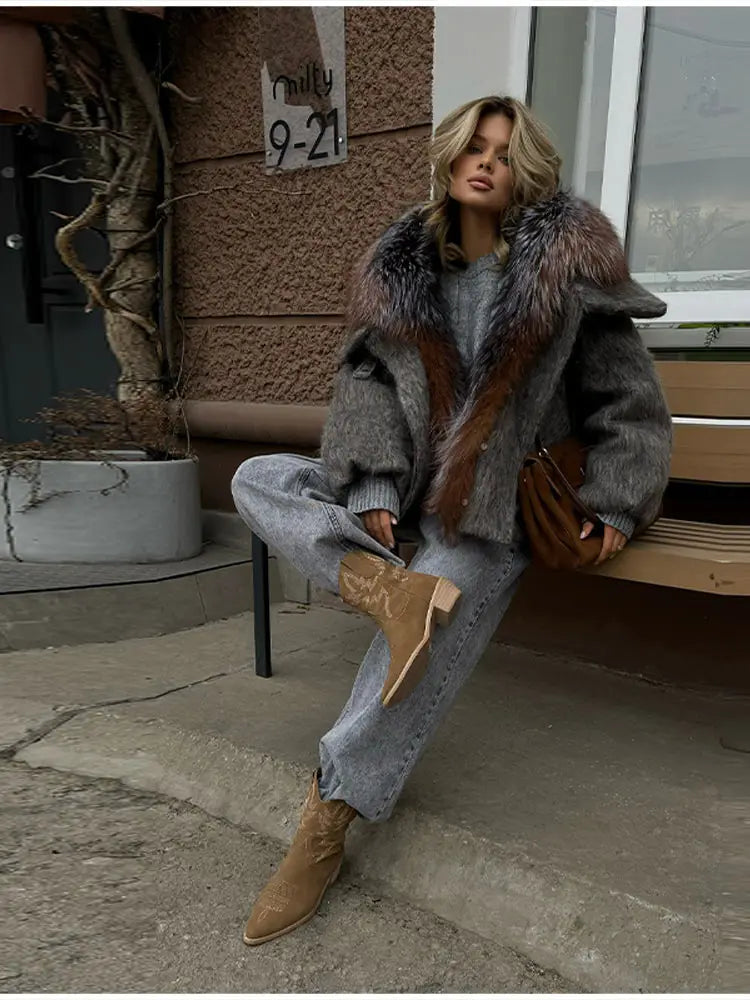 Vintage Thicken Faux Fur Woolen Jacket Women Fashion Hooded Pocket Lantern Sleeve Elastic Waist Coat Winter Female Daily Outwear