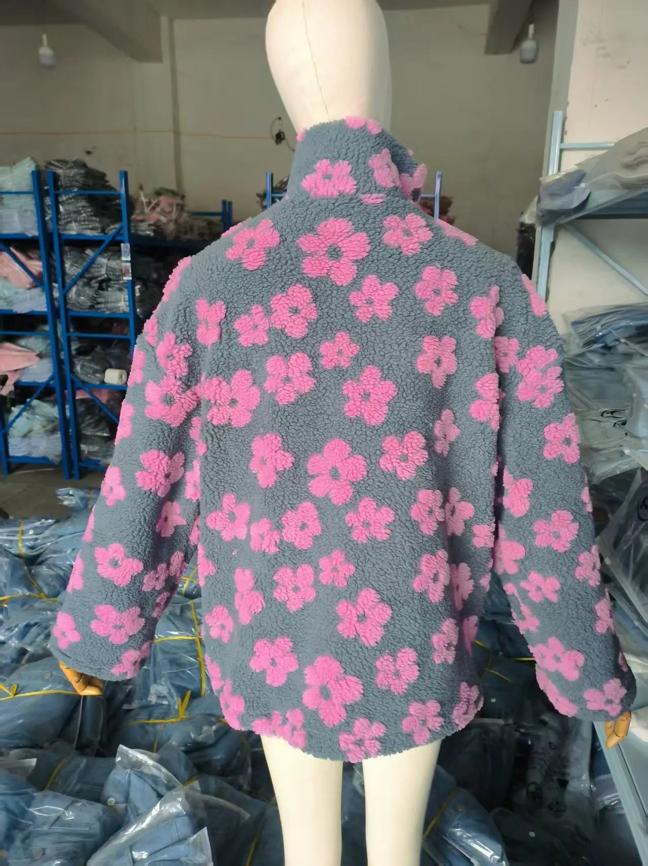 Yaminiya Women's 2025 New Fashion Polar Fleece Flower Blossoms Sweater Cotton Sweater Loose Warm Fur Stand Up Collar Zipper Top