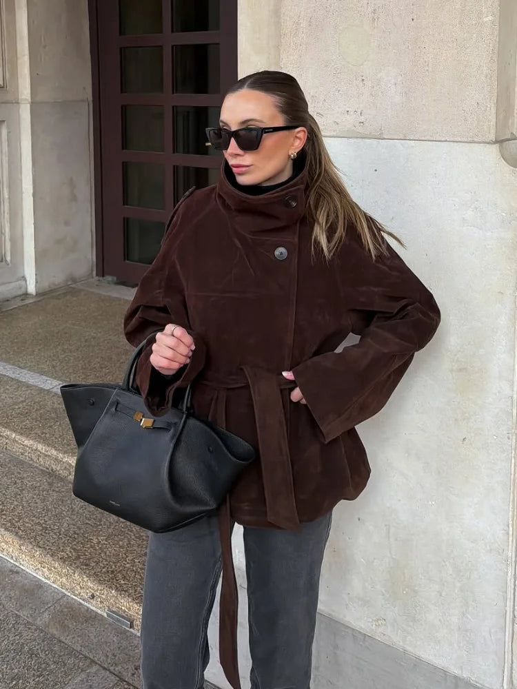 Soft Suede Women Commute Coat Long Sleeve High Neck Tie Waist All-match Cinched Slim Autumn Winter Coats 2026 Fashion Jackets