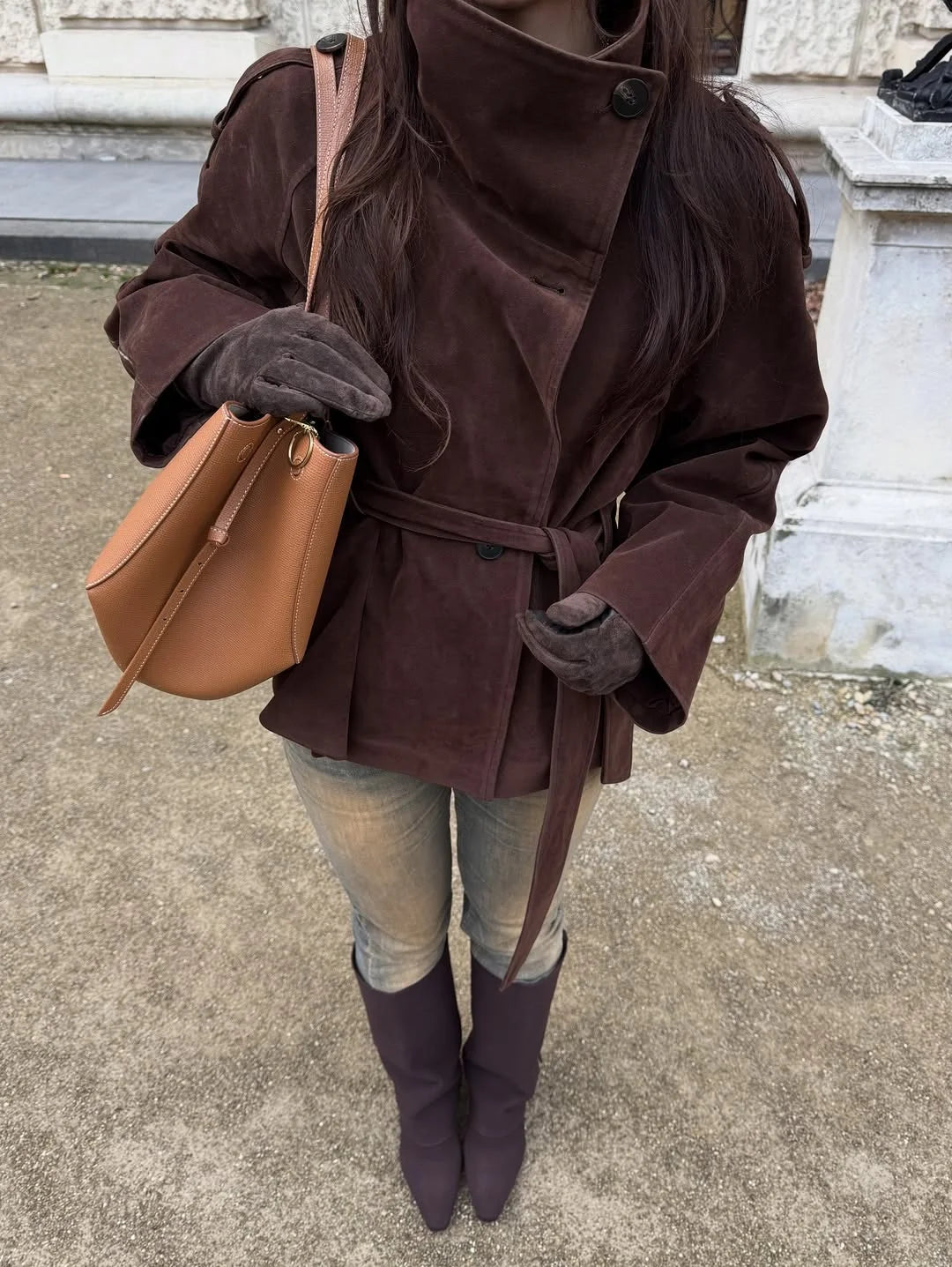 Soft Suede Women Commute Coat Long Sleeve High Neck Tie Waist All-match Cinched Slim Autumn Winter Coats 2026 Fashion Jackets