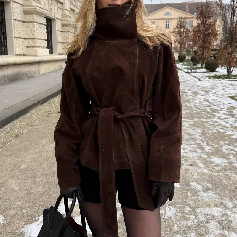 Soft Suede Women Commute Coat Long Sleeve High Neck Tie Waist All-match Cinched Slim Autumn Winter Coats 2026 Fashion Jackets