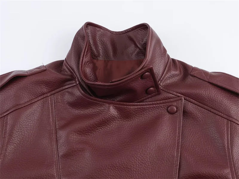 Women's Jacket 2026 Autunm  New Black Long Sleeve Pebble Faux Leather Jacket Motorcycle Style Personality Fashion