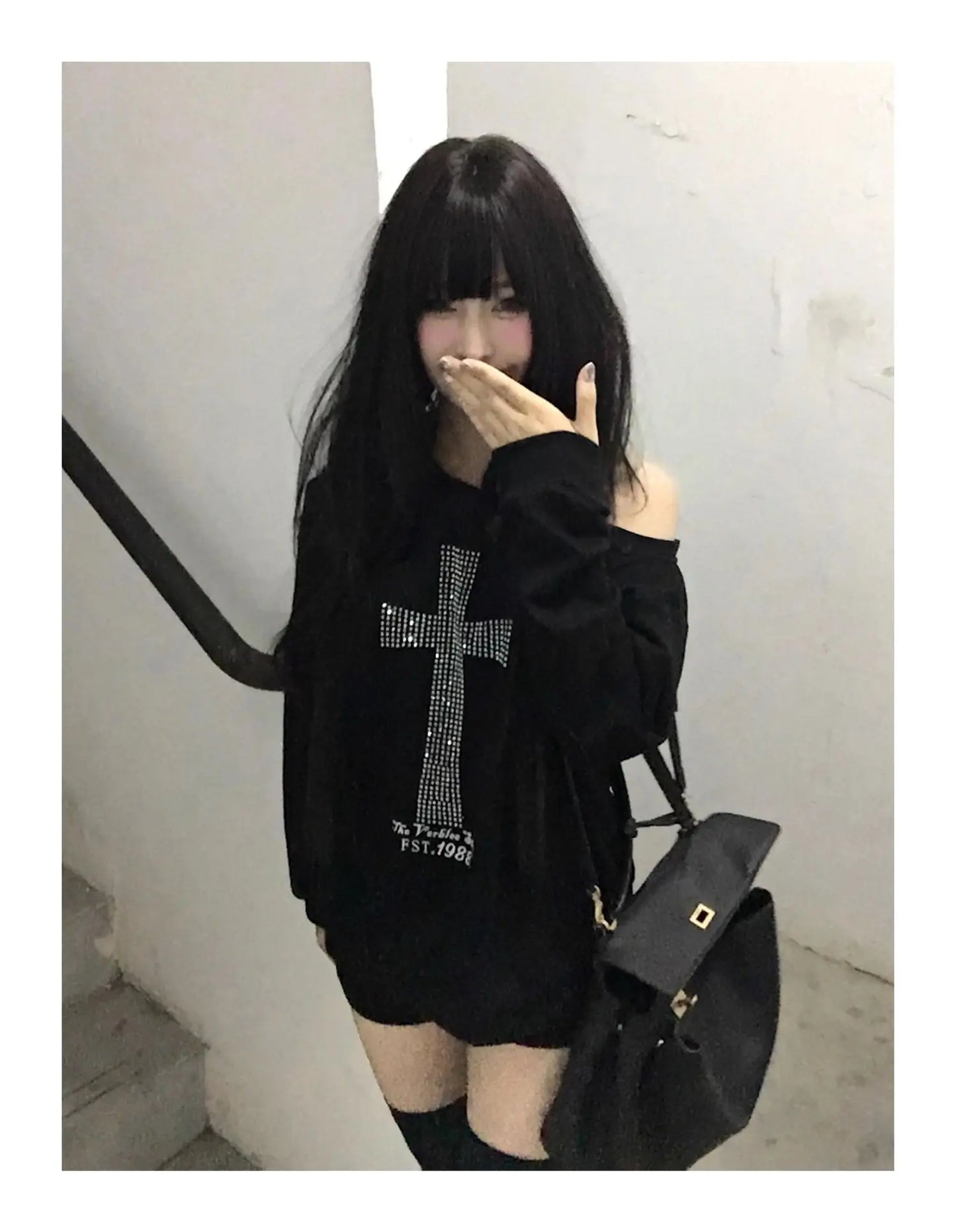 Seeslim Cross One-shoulder Graphic Hoodies Long Sleeve Black Women's Sweatshirts Harajuku Grunge 2000s Clothes Y2k Autumn Tops