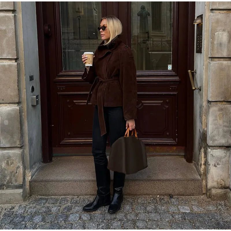 Soft Suede Women Commute Coat Long Sleeve High Neck Tie Waist All-match Cinched Slim Autumn Winter Coats 2026 Fashion Jackets