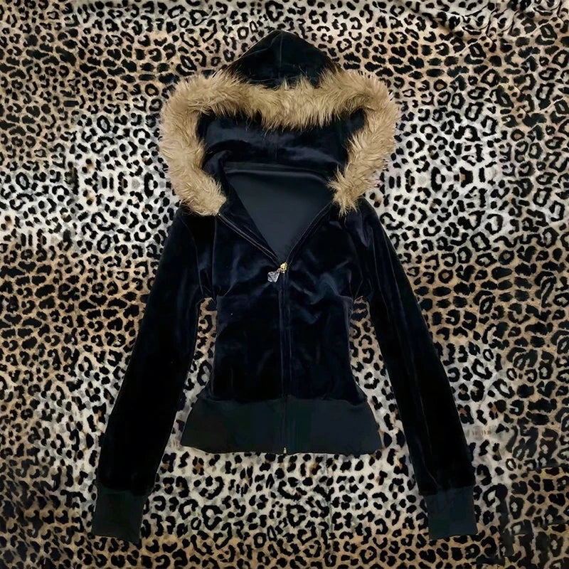 Vintage Jacket Grunge Zipper Sweatshirt Autumn and Winter Wings Print Slim Hoodie Gothic Fashion Trend Slim Street Outerwear y2k