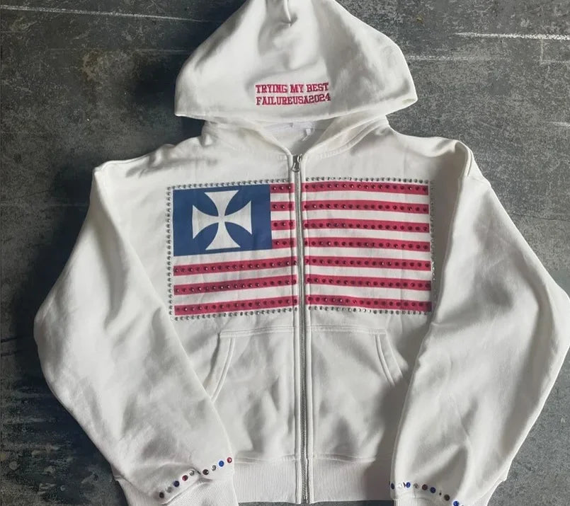 Autumn and winter new minimalist design color collision pattern women hooded sweatshirt Harajuku Y2k loose zipper sweatshirt