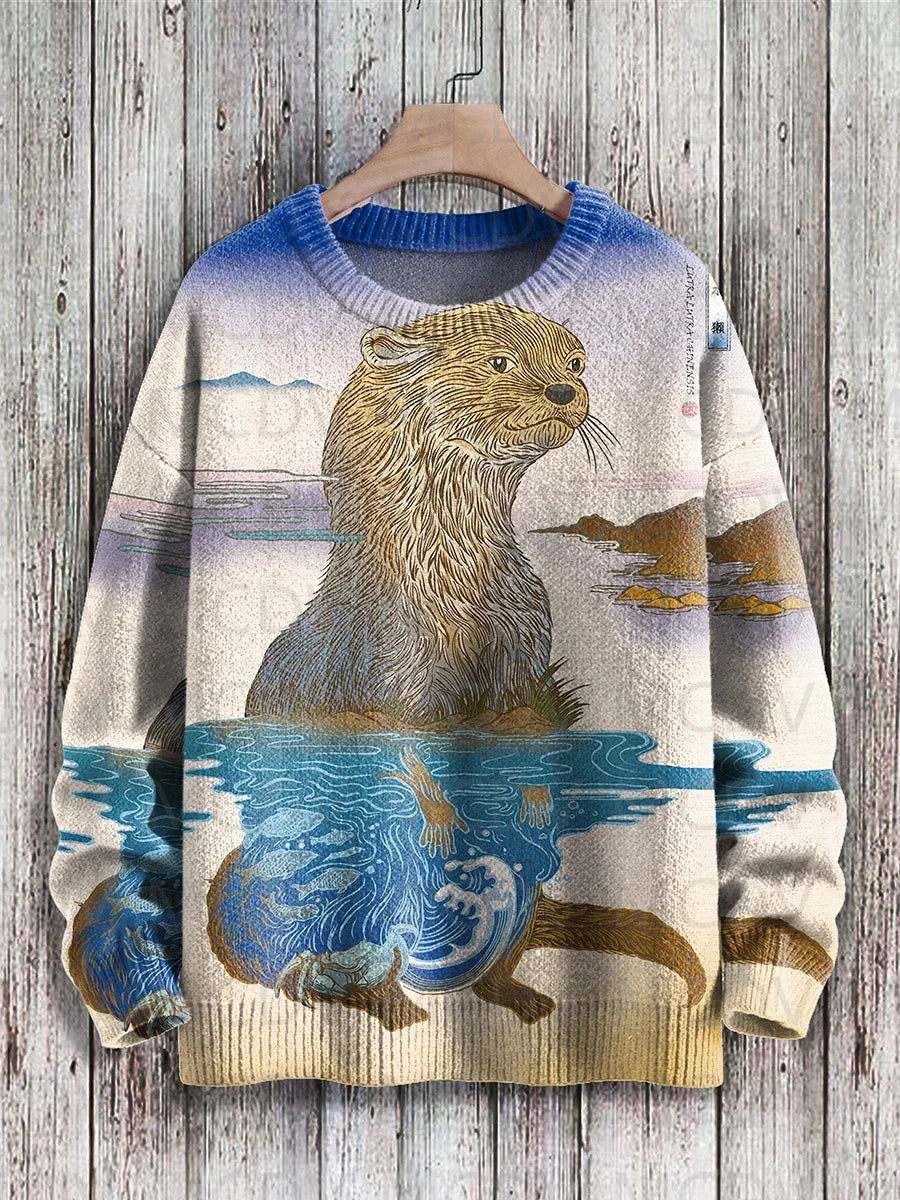 Retro Japanese Style Painting Cat Art Casual Print Knit Pullover Sweater Women For Men Sweater
