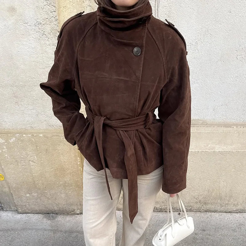 Soft Suede Women Commute Coat Long Sleeve High Neck Tie Waist All-match Cinched Slim Autumn Winter Coats 2026 Fashion Jackets