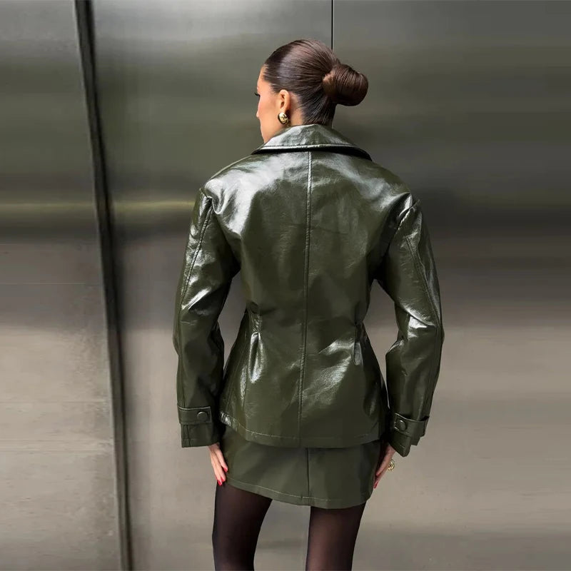 Retro Leather Blazers Short Skirts Suit Women's Stylish Lapel Double-breasted Jackets 2025 New Autumn Winter Ladies Streetwear
