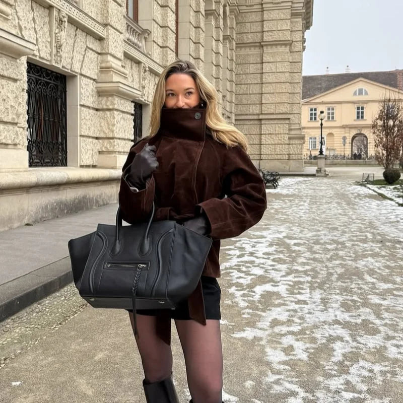 Soft Suede Women Commute Coat Long Sleeve High Neck Tie Waist All-match Cinched Slim Autumn Winter Coats 2026 Fashion Jackets