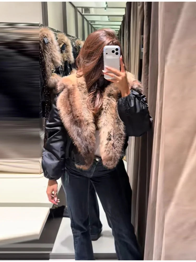 Winter Fashion Big Faux Fur Cotton Collar Coat For Women Trend Long Sleeves Warm Loose Jacket 2025 New Lady Daily Streetwears