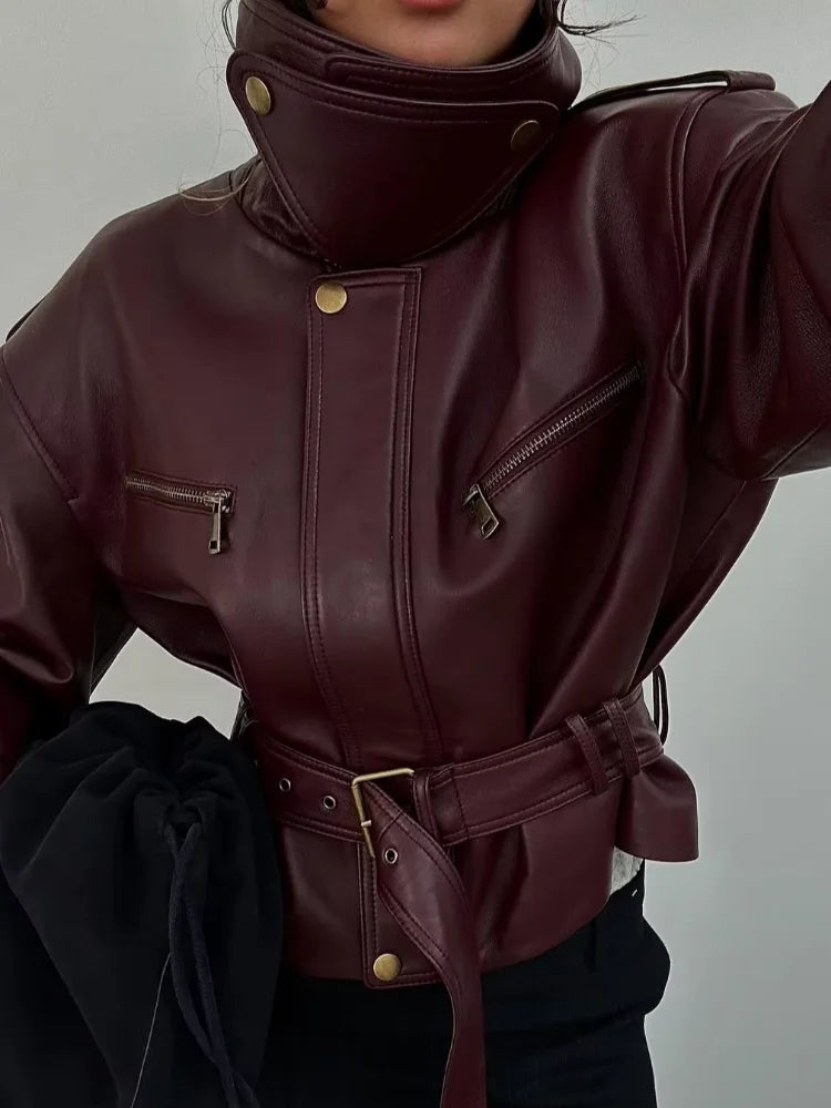 Women Solid Burgundy Waist Cinching Jacket Fashion Lace Up Stand Collar Zipper Bucket Short Jackets 2026 Lady High Street Coat