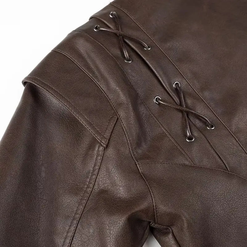 Suninheart Autumn and Winter Faux Leather Jackets for Women 2025 Dropped Shoulder Oversized Jacket Coat Belted Corset Jacket