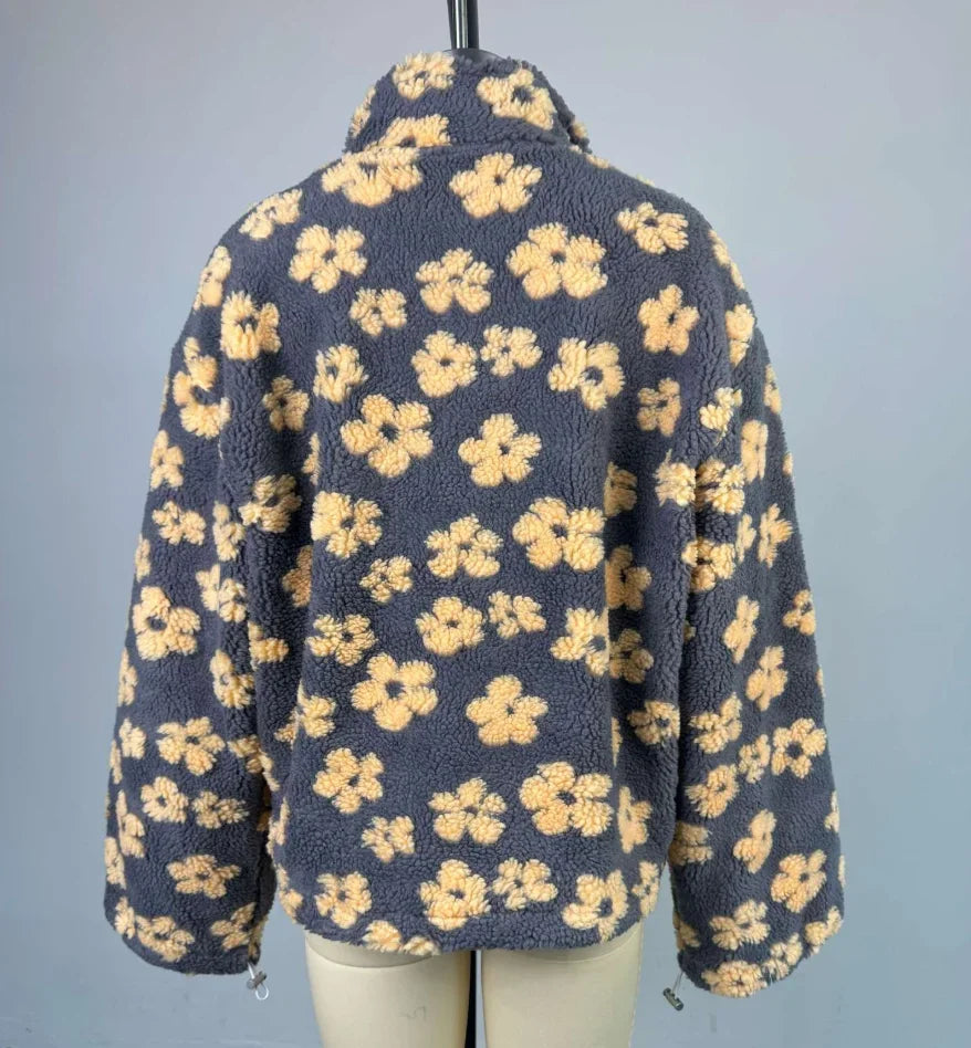 Yaminiya Women's 2025 New Fashion Polar Fleece Flower Blossoms Sweater Cotton Sweater Loose Warm Fur Stand Up Collar Zipper Top