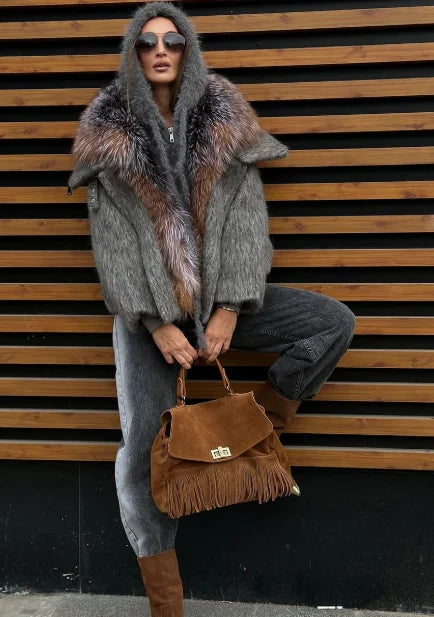 Winter Fashion Faux Fur Collar Woolen Coat Women Vintage Thick Hooded Long Sleeve Oversized Warm Jacket New Lady High Streetwear