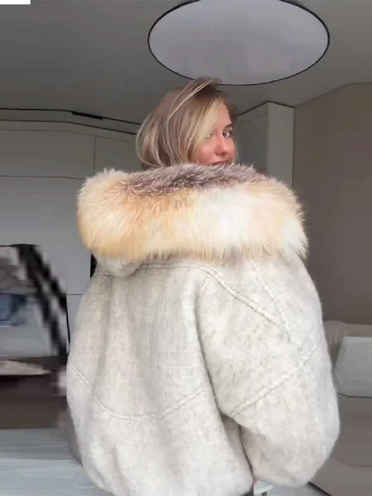 Winter Fashion Faux Fur Collar Woolen Coat Women Vintage Thick Hooded Long Sleeve Oversized Warm Jacket New Lady High Streetwear