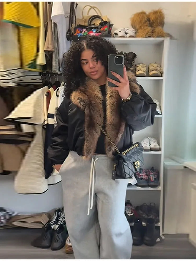 Winter Fashion Big Faux Fur Cotton Collar Coat For Women Trend Long Sleeves Warm Loose Jacket 2025 New Lady Daily Streetwears