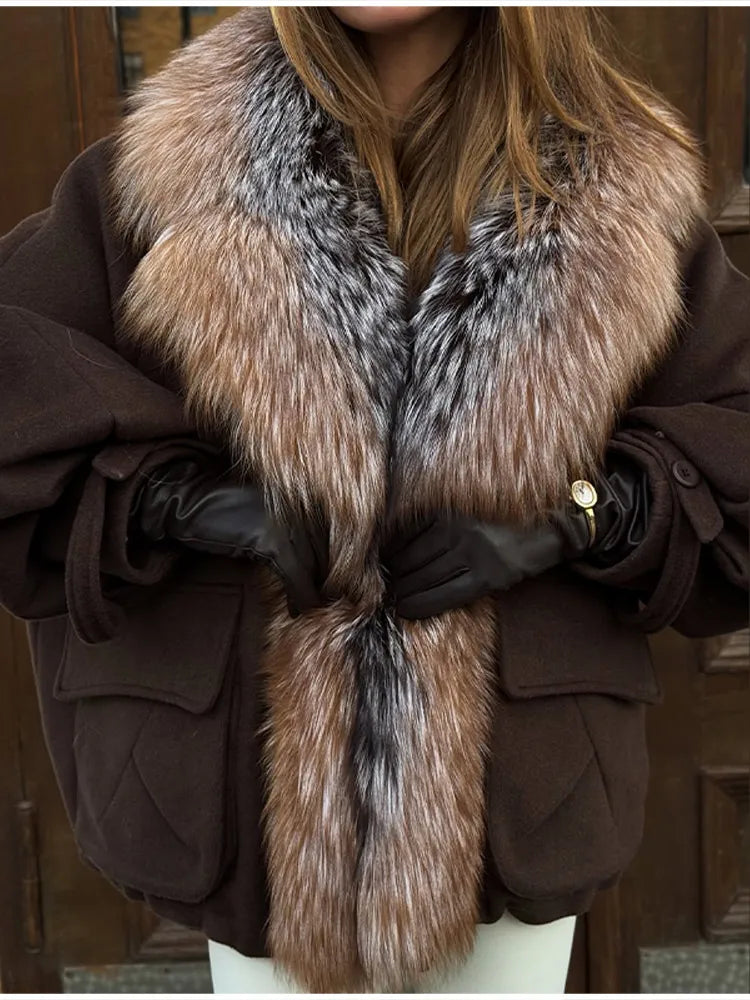 Vintage Thicken Faux Fur Woolen Jacket Women Fashion Hooded Pocket Lantern Sleeve Elastic Waist Coat Winter Female Daily Outwear