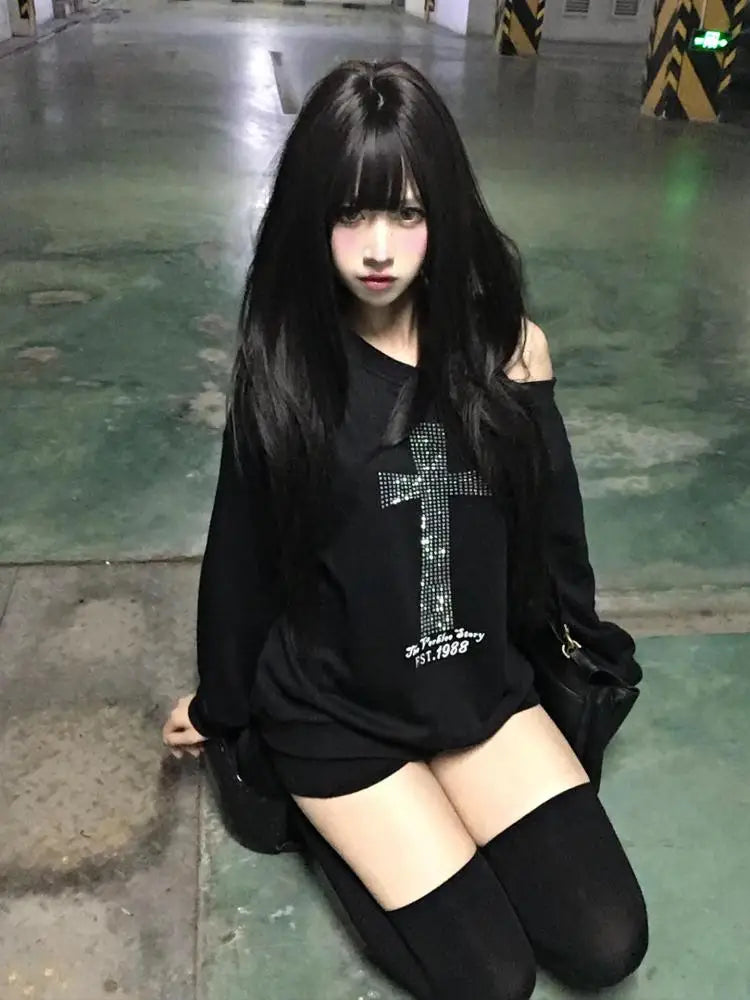 Seeslim Cross One-shoulder Graphic Hoodies Long Sleeve Black Women's Sweatshirts Harajuku Grunge 2000s Clothes Y2k Autumn Tops