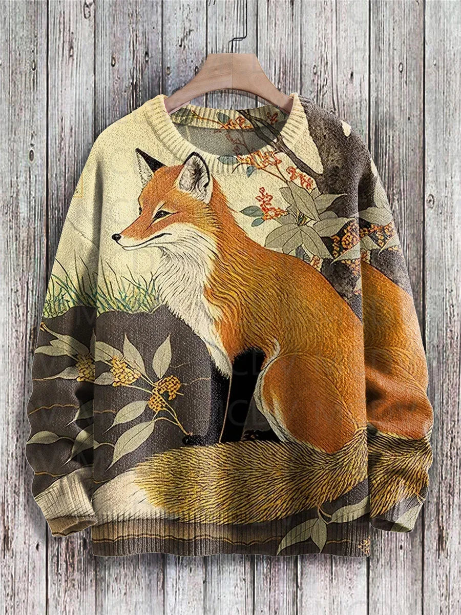Retro Japanese Style Painting Cat Art Casual Print Knit Pullover Sweater Women For Men Sweater