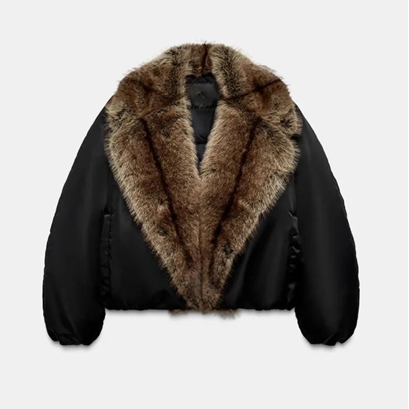 Winter Fashion Big Faux Fur Cotton Collar Coat For Women Trend Long Sleeves Warm Loose Jacket 2025 New Lady Daily Streetwears